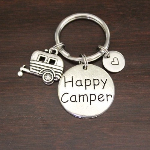 happy camper round saying charm with bumper pull camper charm keychain