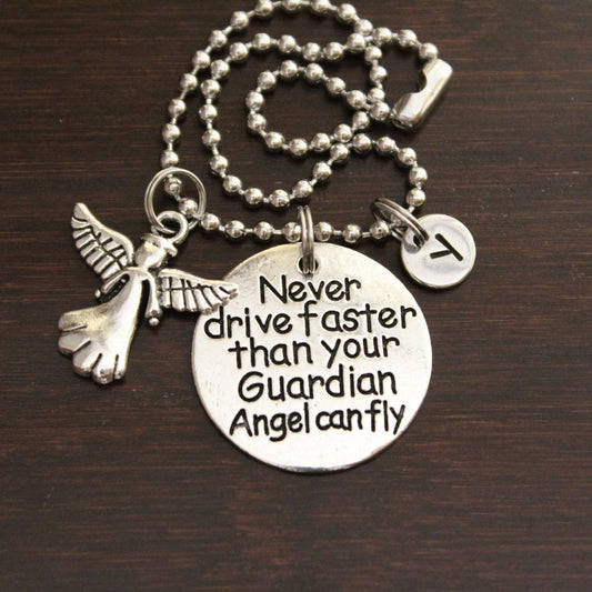 never drive faster than your guardian angel can fly rear view mirror hanger with angel charm