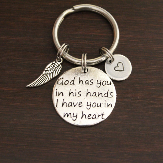 god has you in his hands i have you in my heart keychain with wing charm