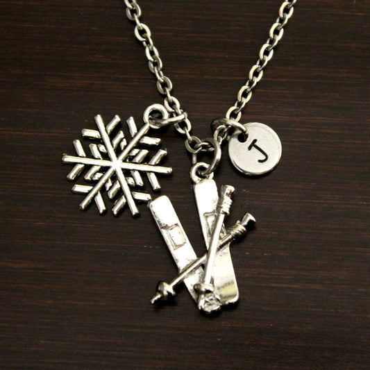 Ski Snowflake Necklace - Skis & Poles Necklace - Winter Necklace - Snowflake Necklace - Winter Jewelry - Skier Necklace - Ski Jewelry-I/B/H