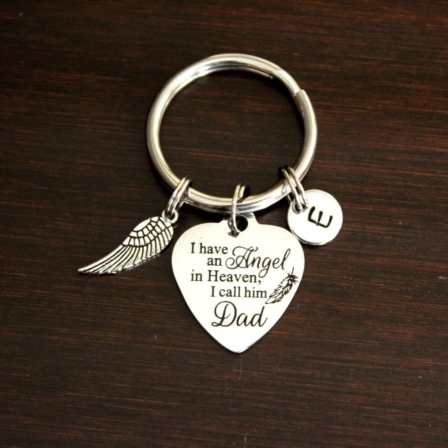 I have an angel in heaven I call him Dad with feather heart charm and wing charm keychain